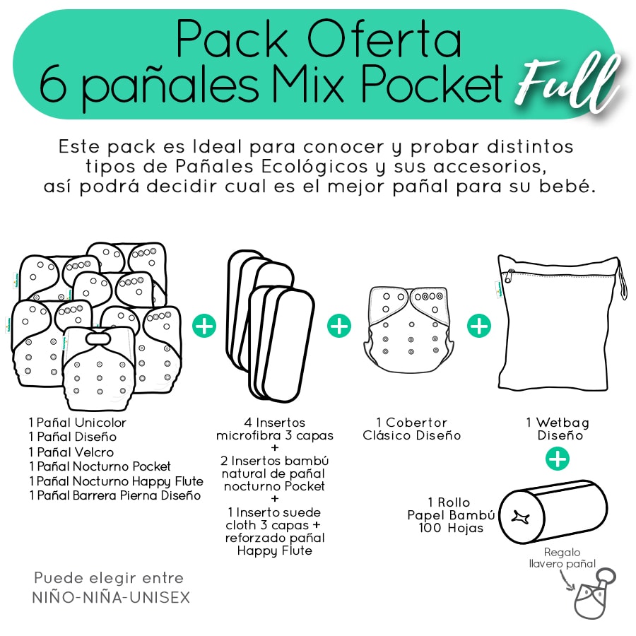 Pack de 6 pañales reutilizables y ajustables de 3 a 15 kg + 1 pañal im – La  Casa del Bambú